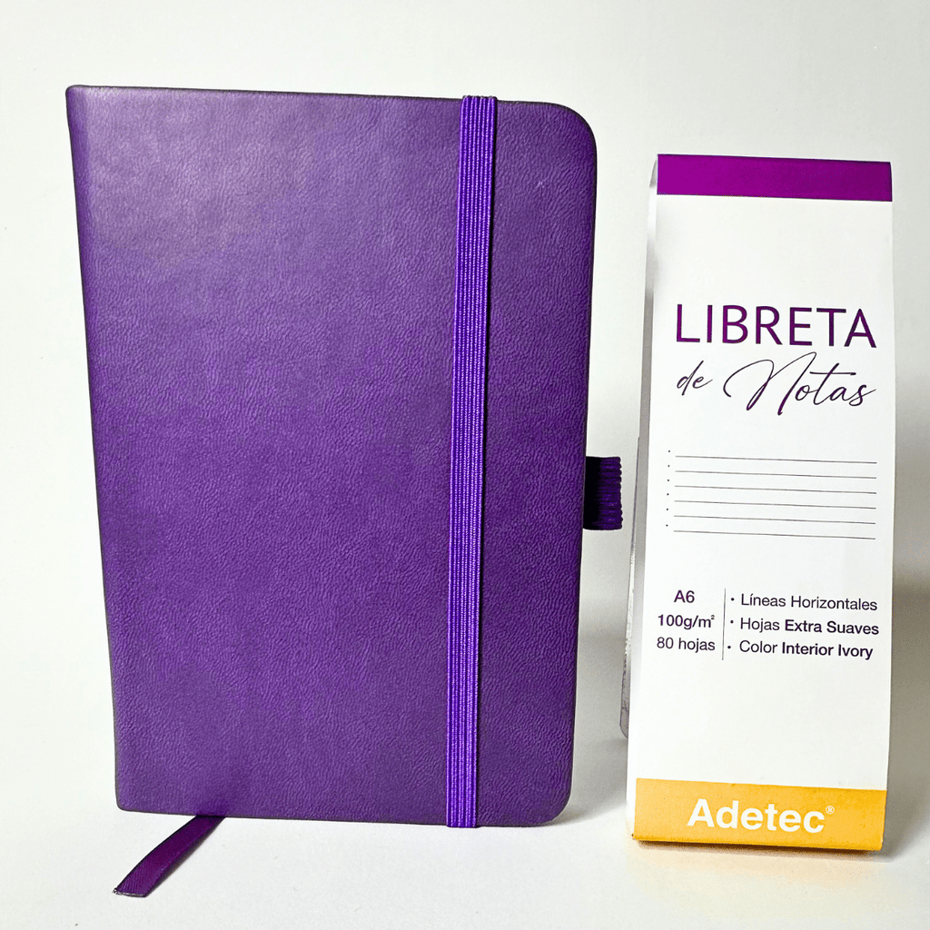 Libreta de Notas A6 Burdeo Cosida Con Elástico - Papel Ivory De 100gr x 80 Hojas Adetec