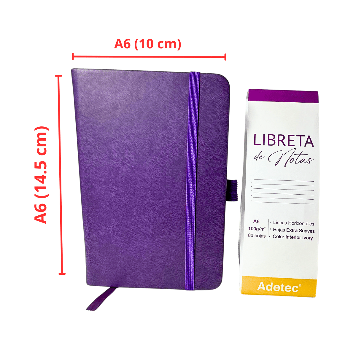 Libreta de Notas A6 Burdeo Cosida Con Elástico - Papel Ivory De 100gr x 80 Hojas Adetec