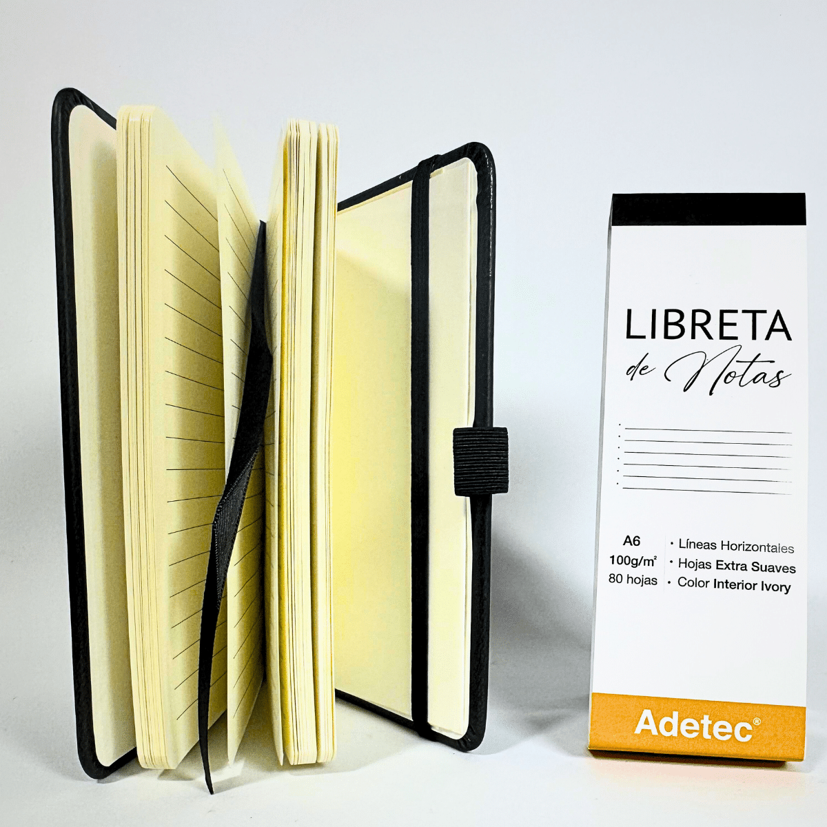 Libreta de Notas A6 Negra Cosida Con Elástico - Papel Ivory De 100gr x 80 Hojas Adetec