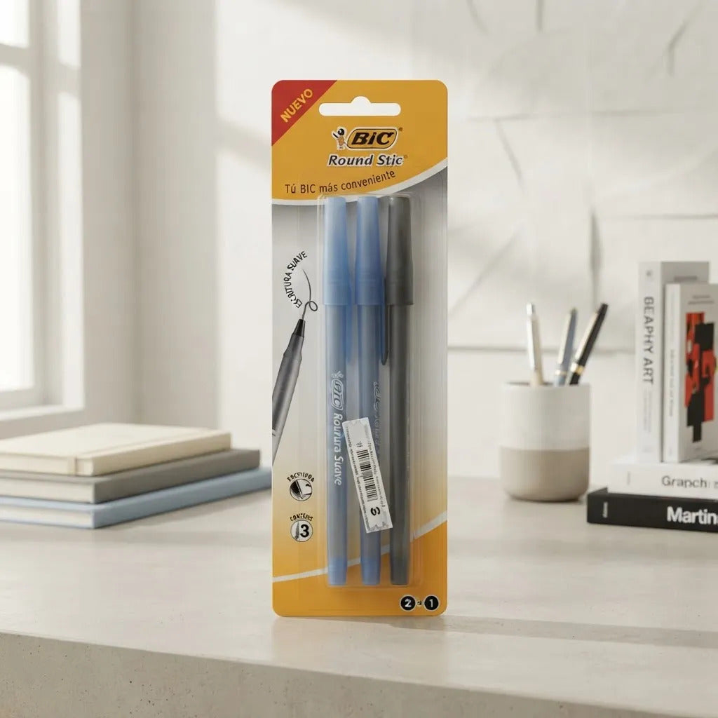 Set 3 Lápiz Pasta Bic Round Stic Punta Media 1.0mm Azul Negr