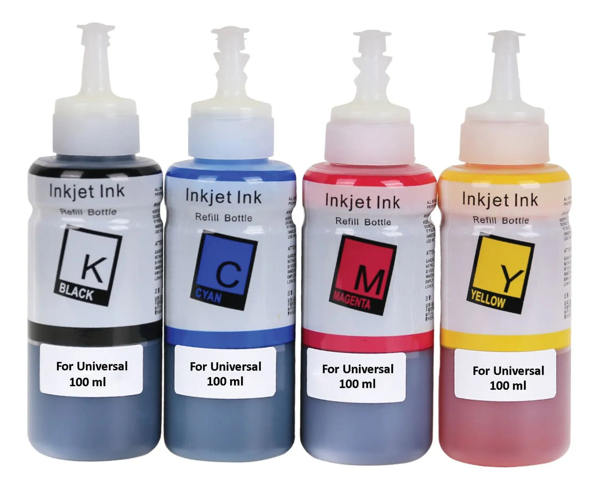 Kit Impresión De 4 Tintas Univ. 100ml  + 20 Hj Foto Glossy 150gr + Resma Carta 500 Hj