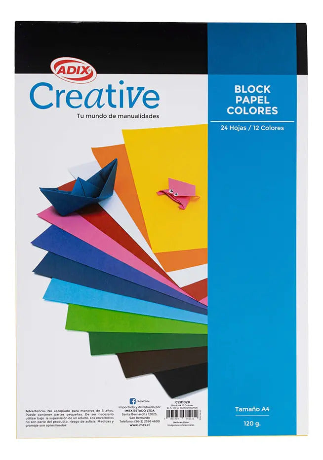 Block Papel A4 Colores Adix 120g, 24 Hojas