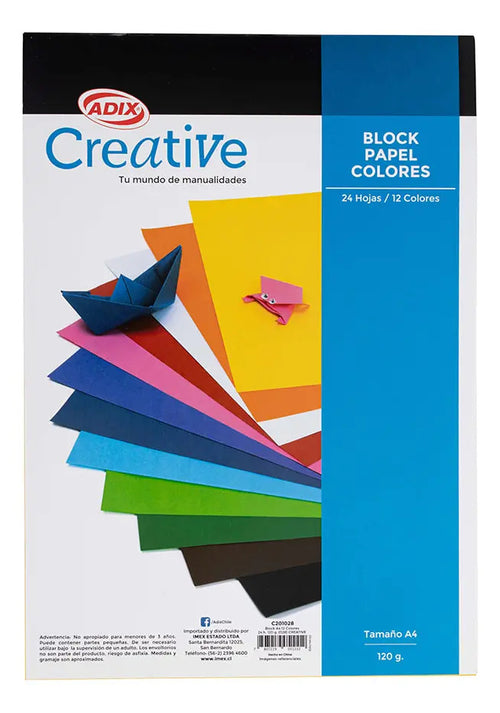 Block Papel A4 Colores Adix 120g, 24 Hojas