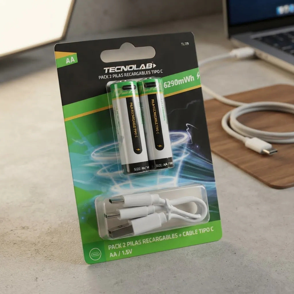 Pack 2 Pilas Recargables Tecnolab Aa Con Cable De Carga Usb
