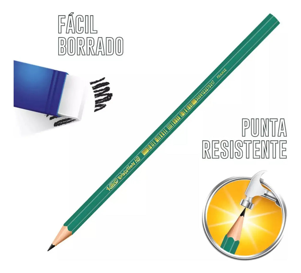 Lápiz Grafito Bic Evolution HB 2 sin Goma Pack 12