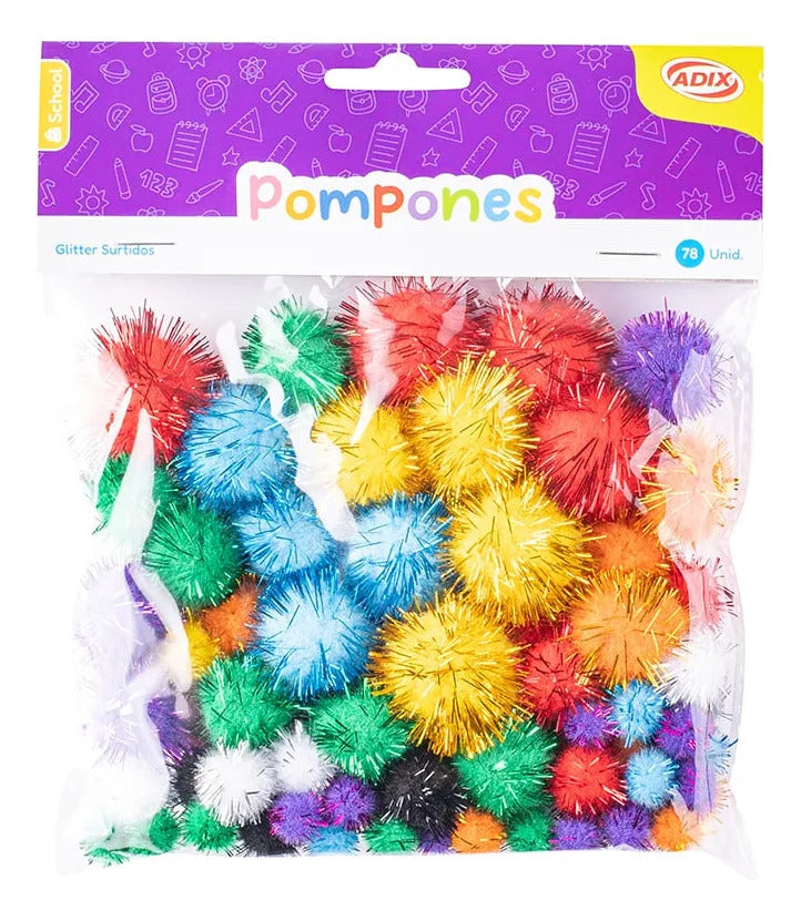 Pompón Glitter Surtido Adix Pack 78u Mix Medidas