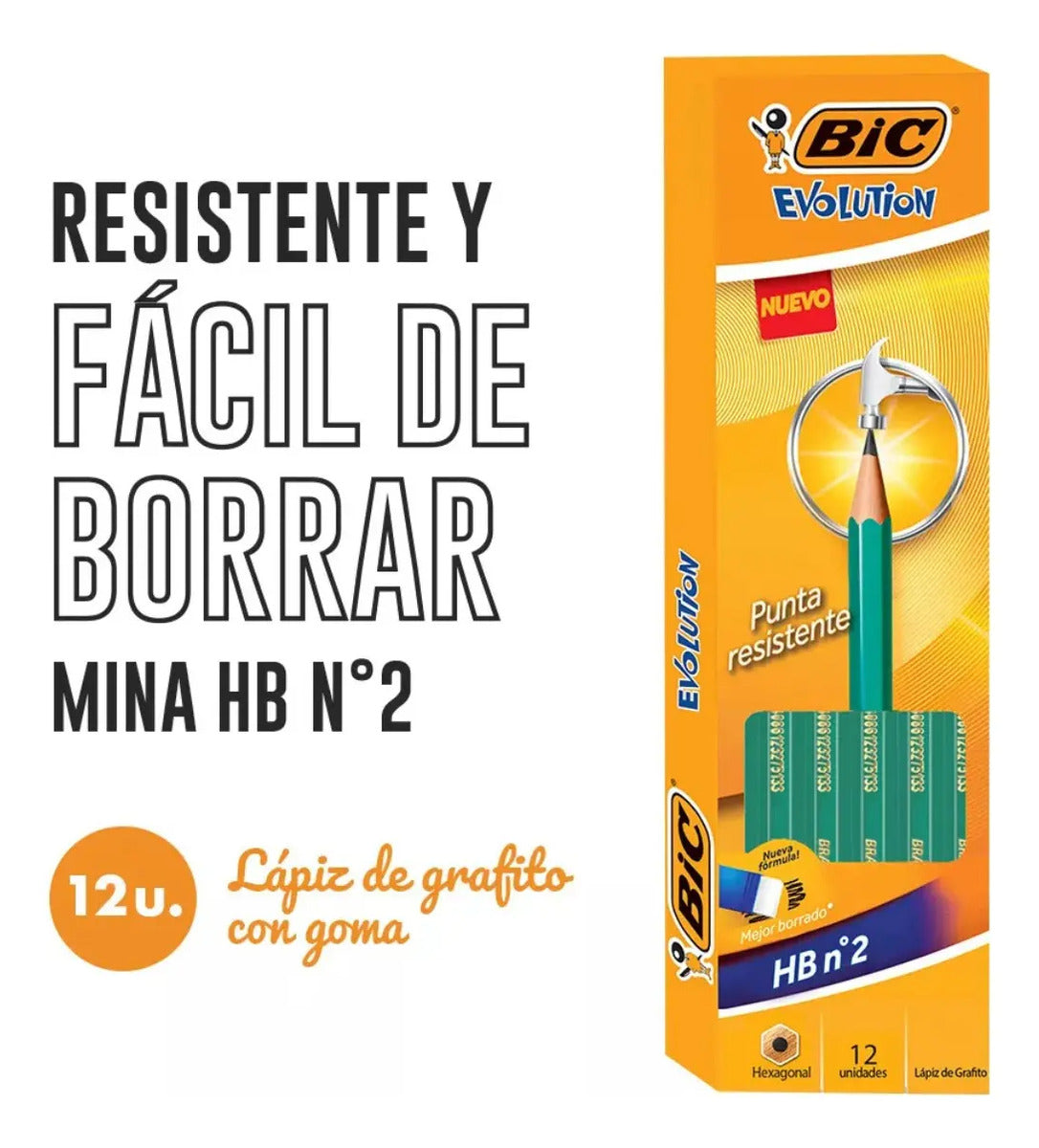 Lápiz Grafito Bic Evolution HB2 con Goma x12