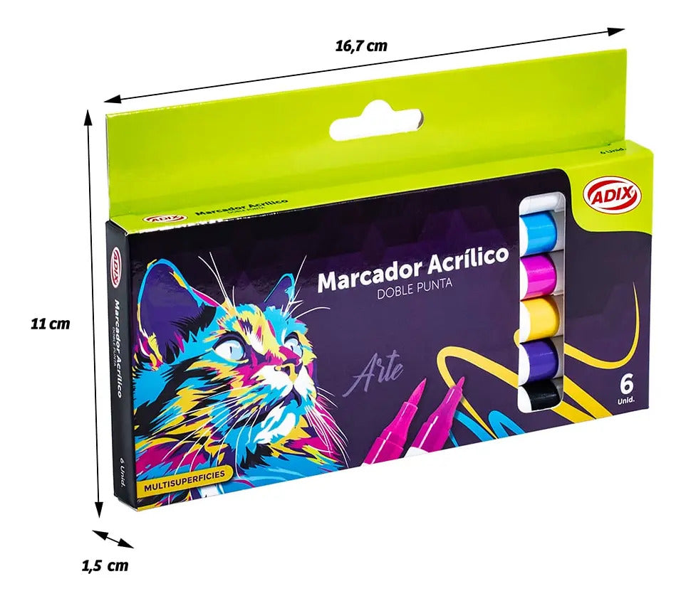 Marcador Acrílico Adix Doble Punta, Pack 6 Colores