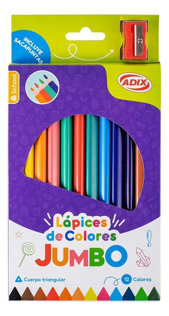 Lápices Jumbo Adix 12 Colores + Sacapuntas