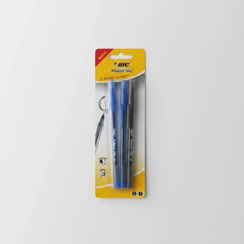 Set 3 Lápiz Pasta Bic Round Stic Punta Media 1.0mm Azul Negr