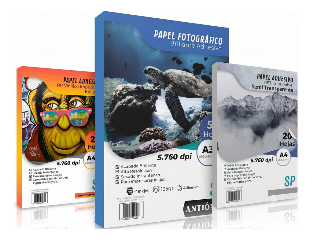Pack 3 Papeles Adhesivos A4: Blanco 135g, PET y Vinílico