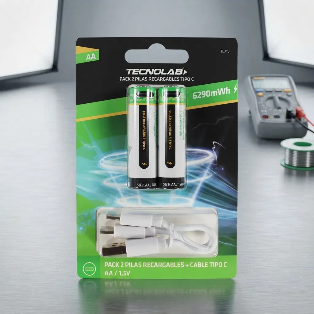 Pack 2 Pilas Recargables Tecnolab Aa Con Cable De Carga Usb