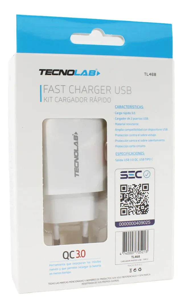 Cargador Rápido Dual 20W Tecnolab + Cable USB-C a USB-C