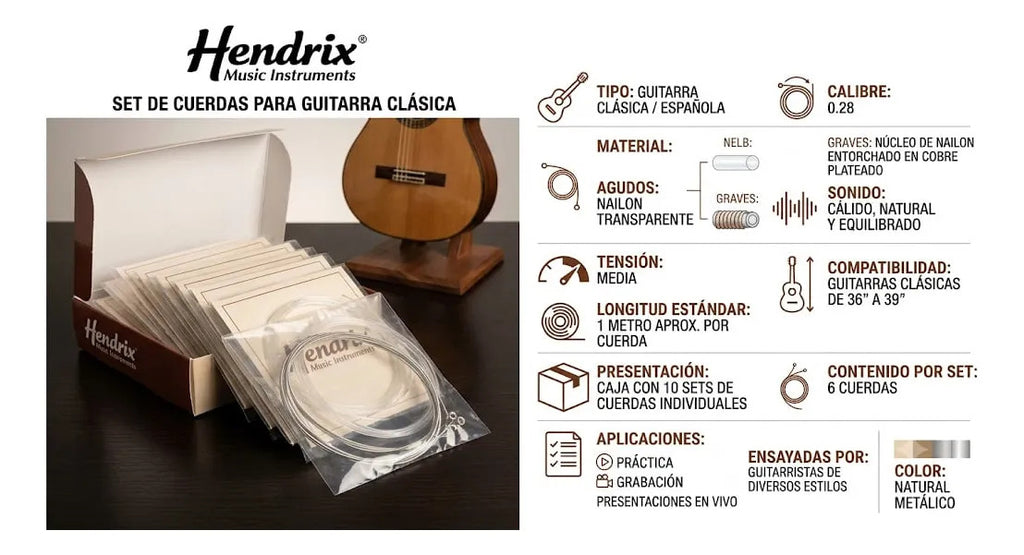 Cuerdas Guitarra Clásica Hendrix Nylon Tensión Media