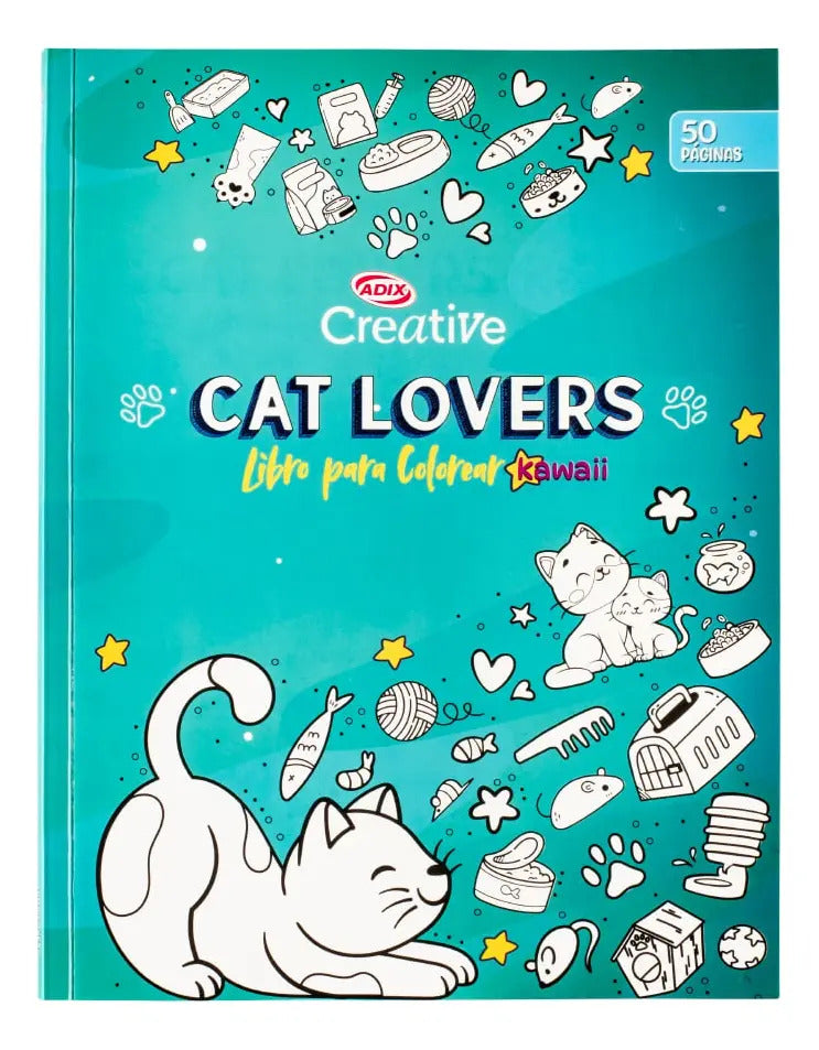 Libro Para Colorear Cat Lover Kawai Creative Adix 50 Páginas