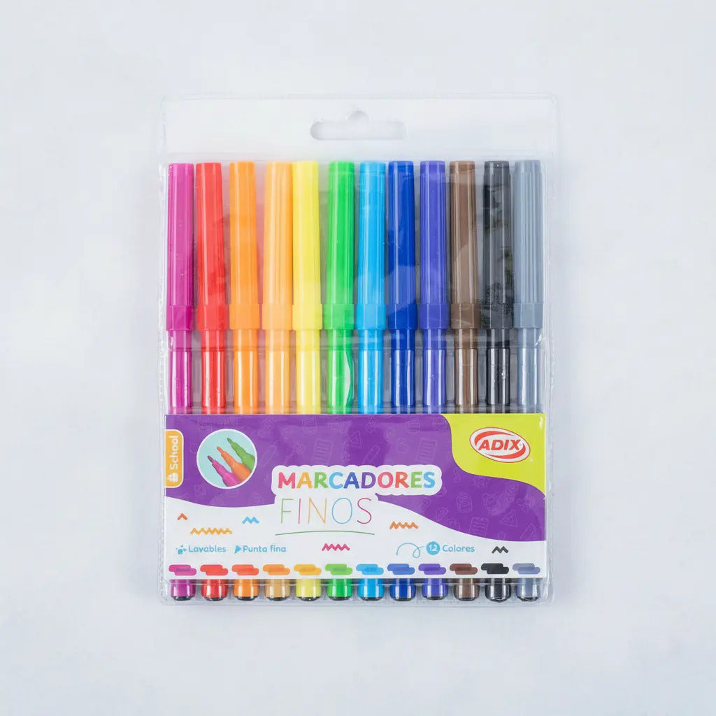 Marcadores Scripto Fino 12 Colores Escolares Lavables Adix