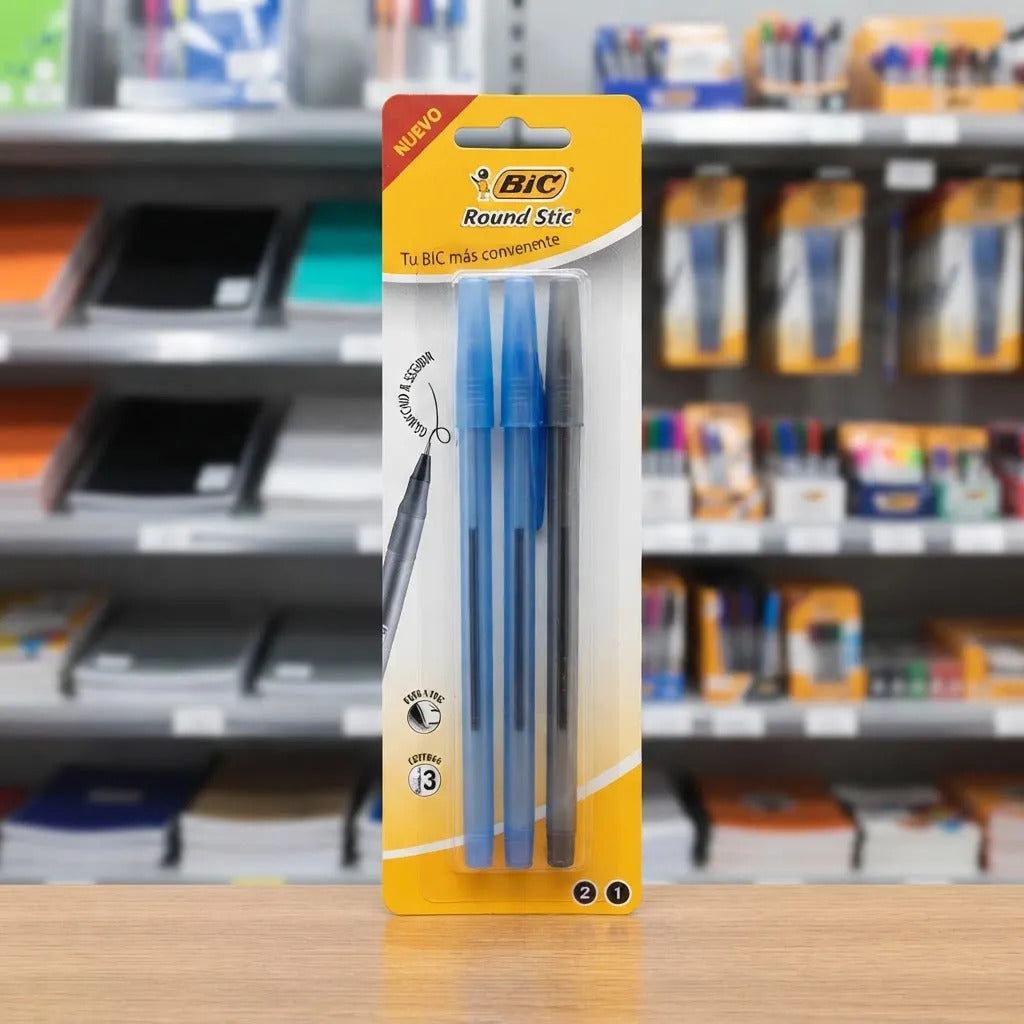 Set 3 Lápiz Pasta Bic Round Stic Punta Media 1.0mm Azul Negr