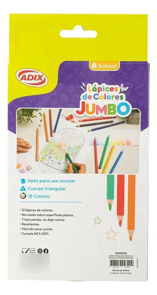 Lápices Jumbo Adix 12 Colores + Sacapuntas