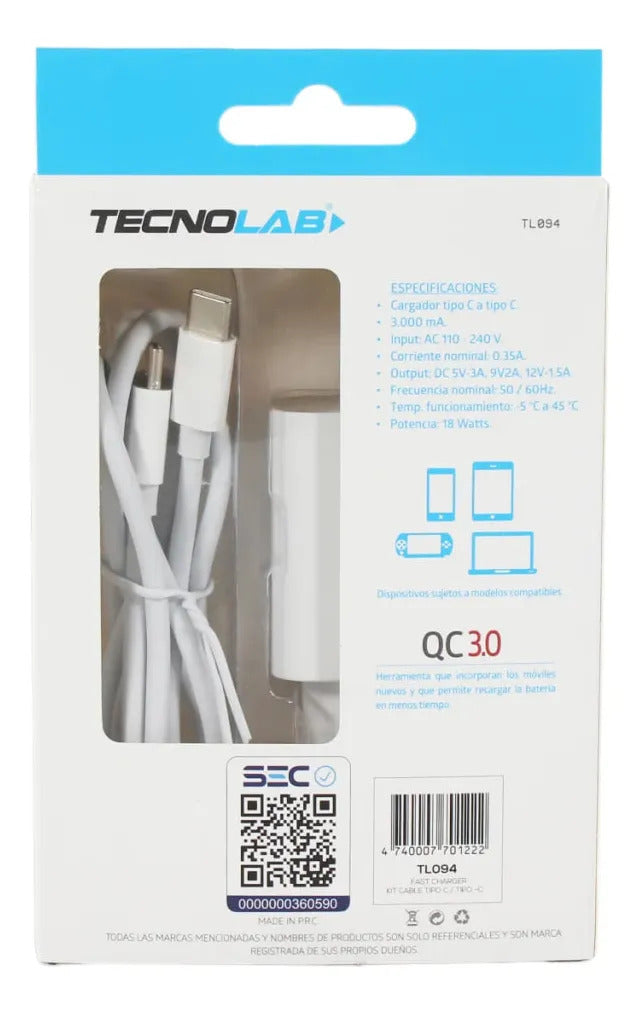 Cargador Rápido 18W Tecnolab con Cable USB-C a USB-C