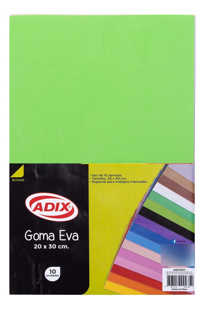 Pack Goma Eva Colores Surtidos 10 Ud 20x30cm Escolar Adix