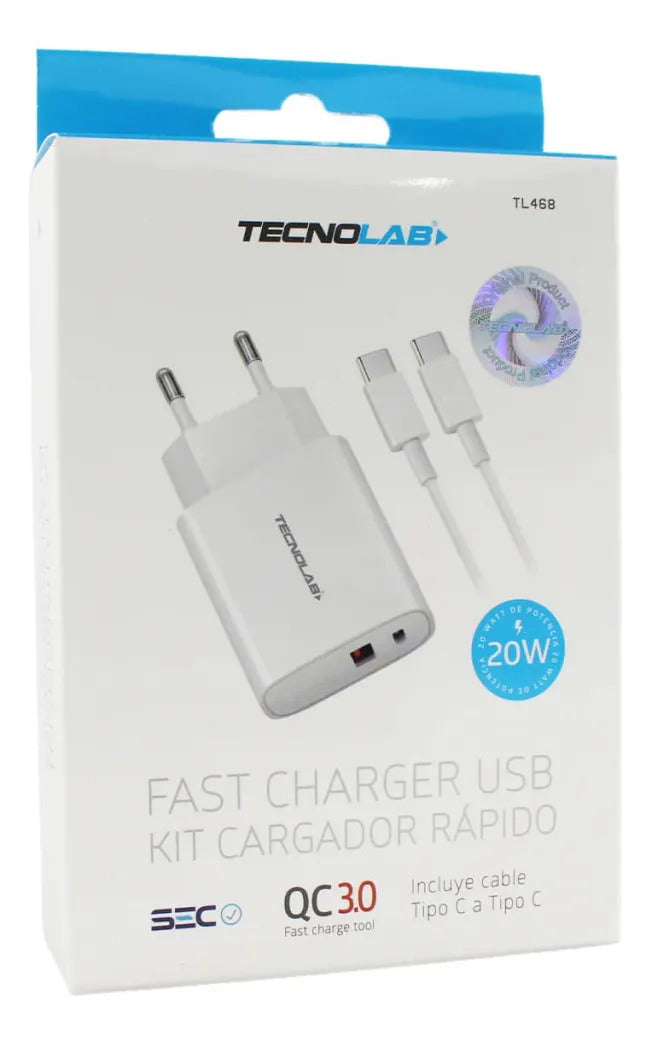 Cargador Rápido Dual 20W Tecnolab + Cable USB-C a USB-C