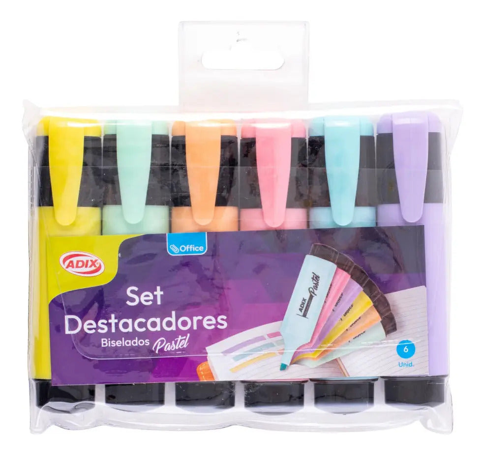 Destacadores Adix Biselados x6, Colores Pastel
