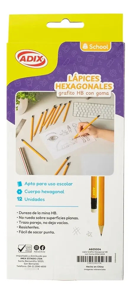 Lápiz Grafito Adix HB N°2 con Goma Pack 12 Unidades