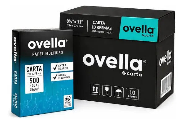 Caja 10 Resmas Papel Carta Ovella 75g/m² 500 Hojas