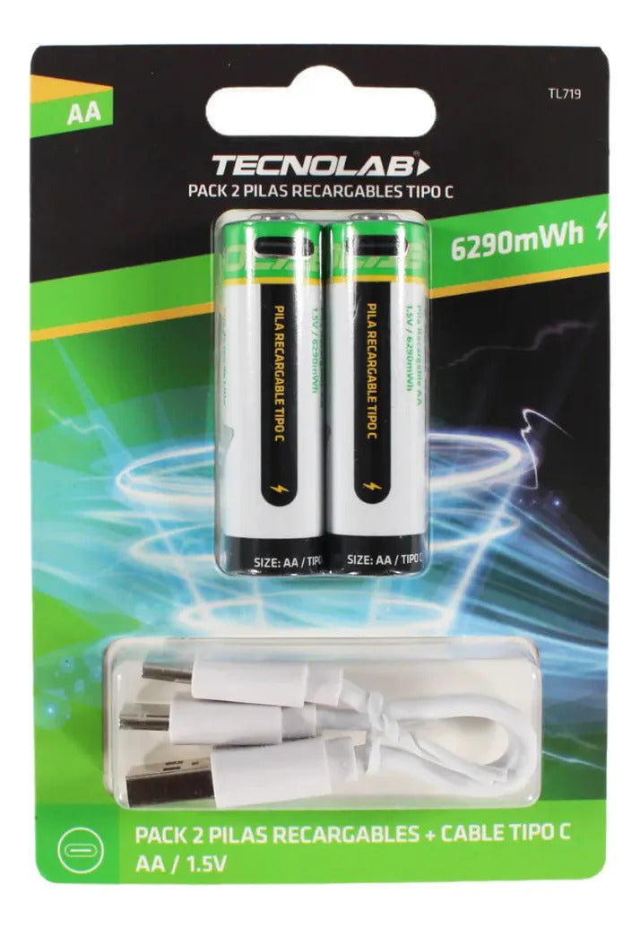 Pack 2 Pilas Recargables Tecnolab Aa Con Cable De Carga Usb