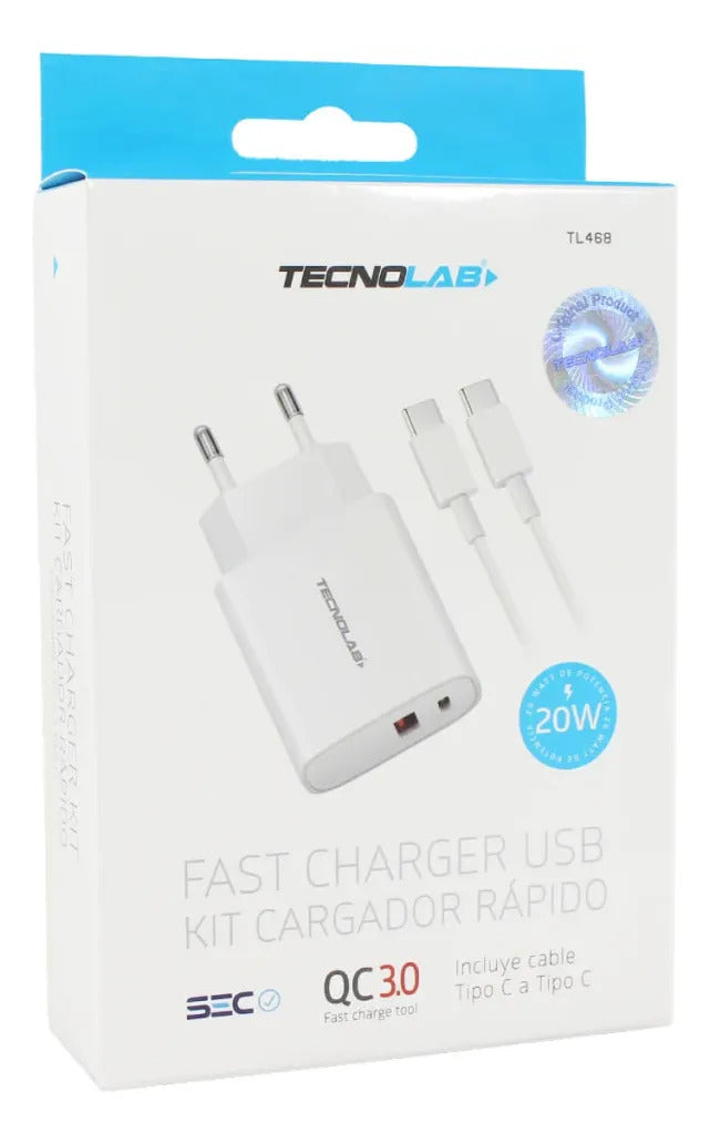 Cargador Rápido Dual 20W Tecnolab + Cable USB-C a USB-C