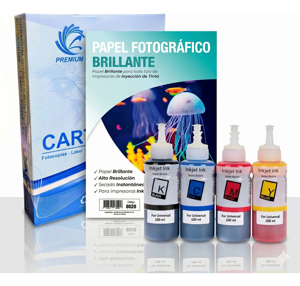 Kit Impresión De 4 Tintas Univ. 100ml  + 20 Hj Foto Glossy 150gr + Resma Carta 500 Hj