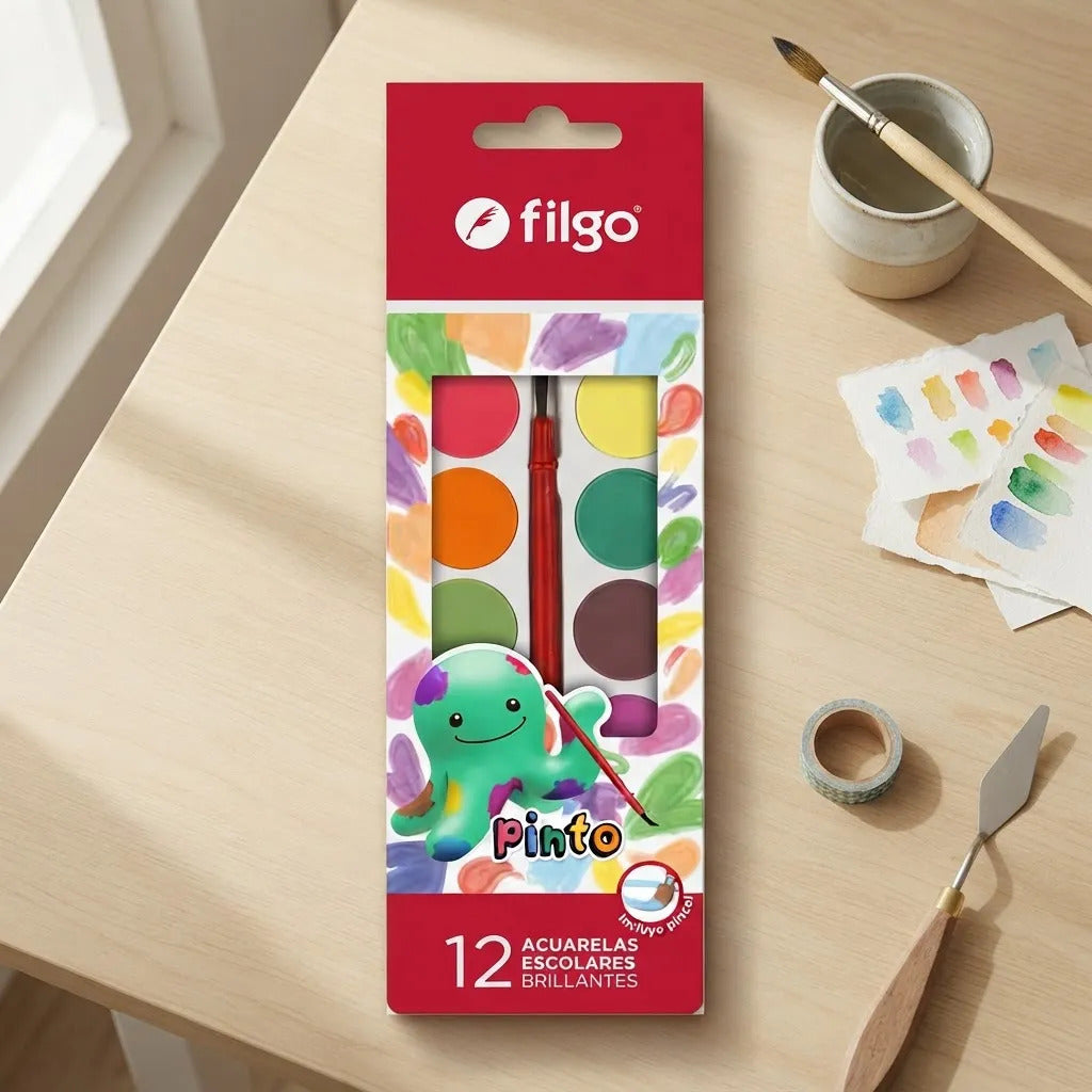 Acuarelas Escolares Filgo Pinto x12 con Pincel