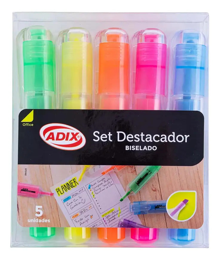 Pack 5 Destacadores Adix, Colores Vibrantes