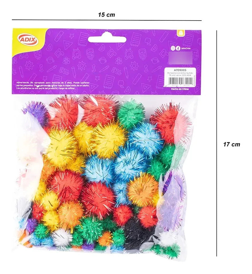 Pompón Glitter Surtido Adix Pack 78u Mix Medidas