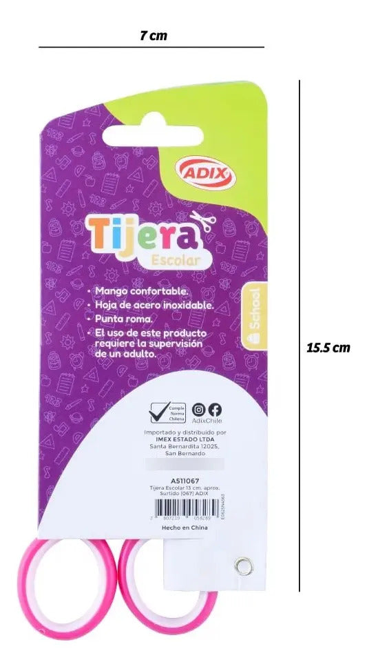 Tijera Escolar Punta Roma Adix Colores 13cm