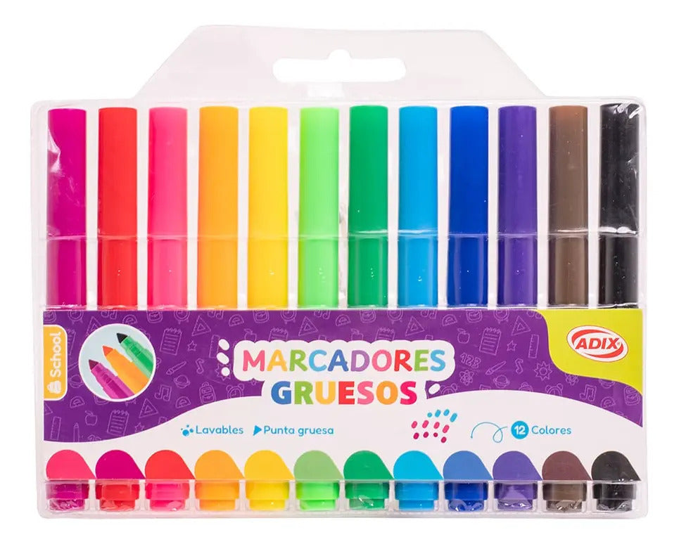 Marcadores Scripto Grueso 12 Colores Escolares Lavables Adix