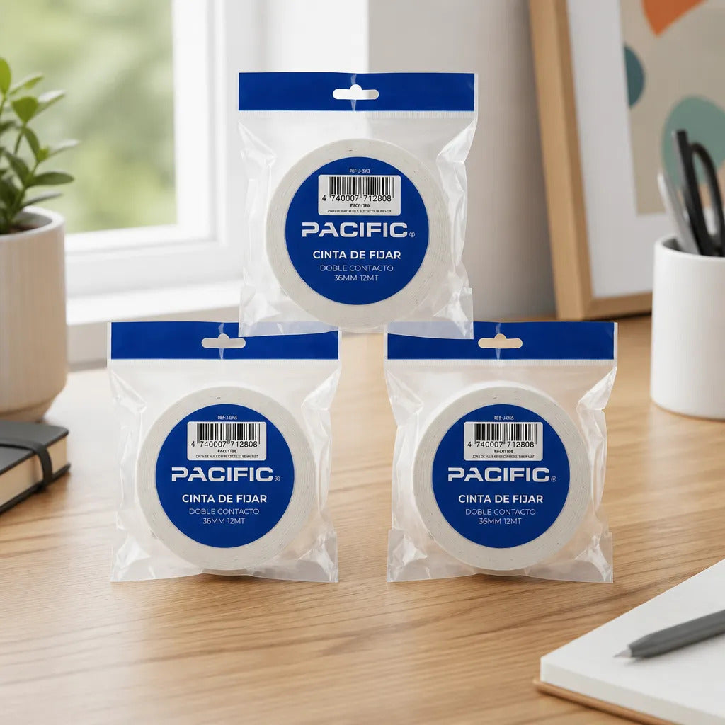 Cinta Doble Faz Fijar Pacific 36mm x12m Pack x3