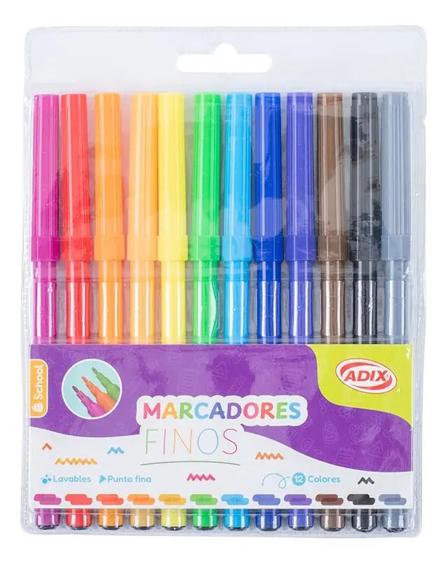 Marcadores Scripto Fino 12 Colores Escolares Lavables Adix