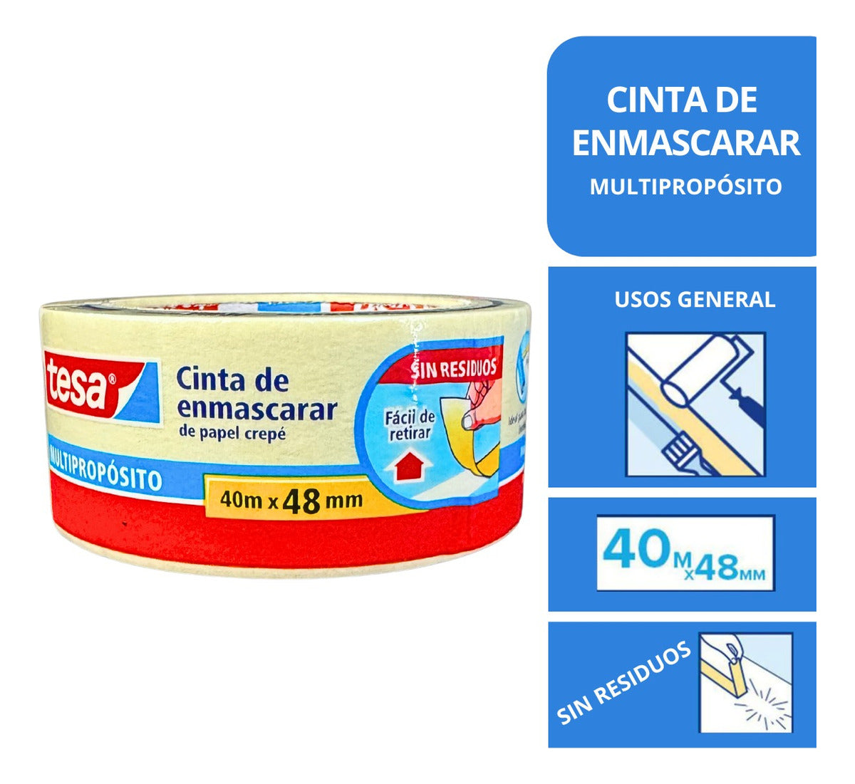 Cinta De Enmascarar Tesa 40m X 48mm Masking Tape Multiuso