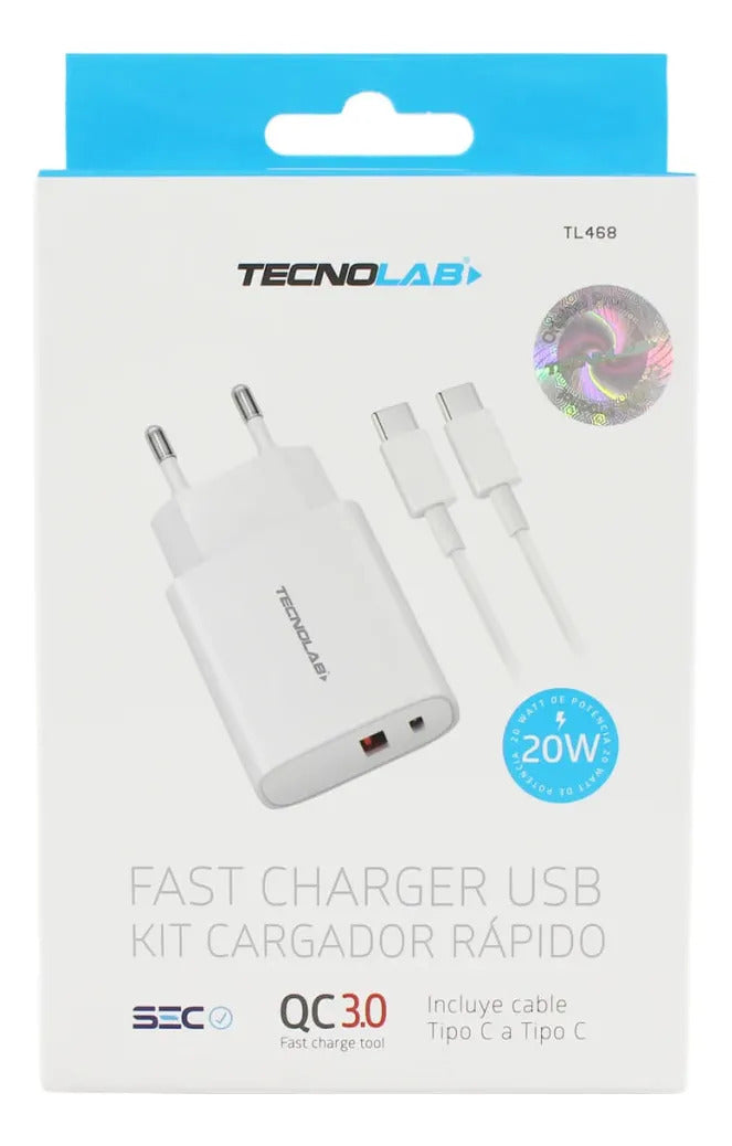 Cargador Rápido Dual 20W Tecnolab + Cable USB-C a USB-C