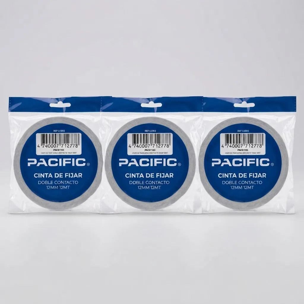 Cinta Doble Faz Fijar Pacific 12mm x12m Pack x3