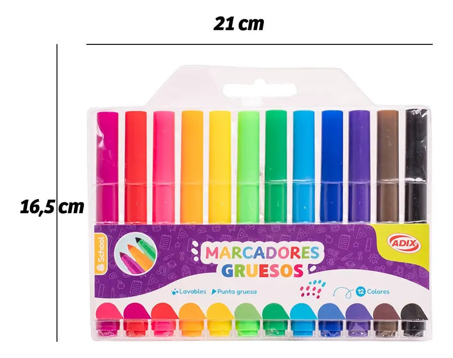 Marcadores Scripto Grueso 12 Colores Escolares Lavables Adix