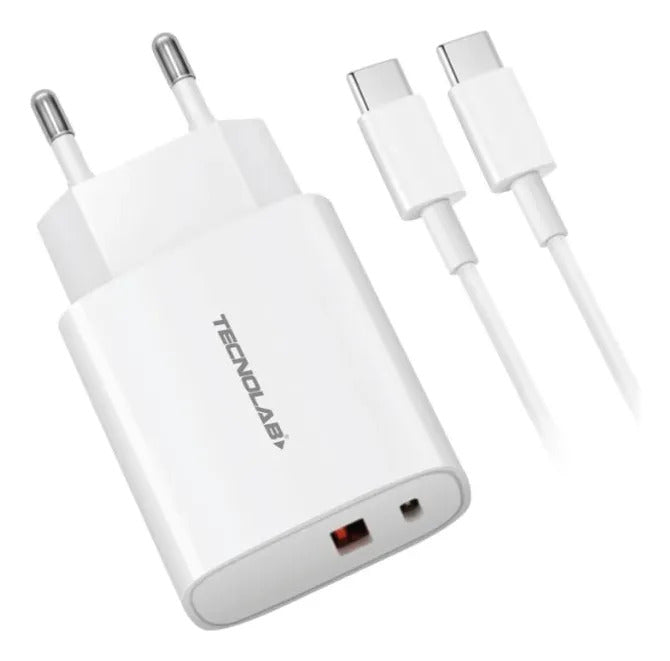 Cargador Rápido Dual 20W Tecnolab + Cable USB-C a USB-C