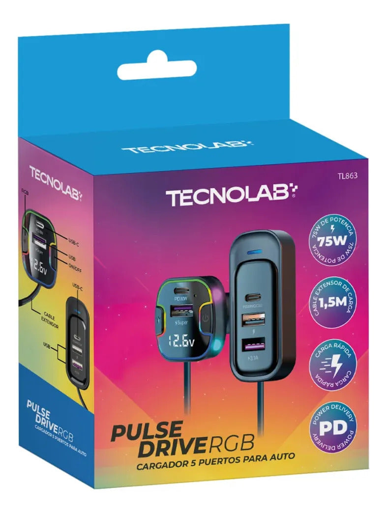Cargador de Auto 75W Tecnolab 5 Puertos con Extensor Trasero