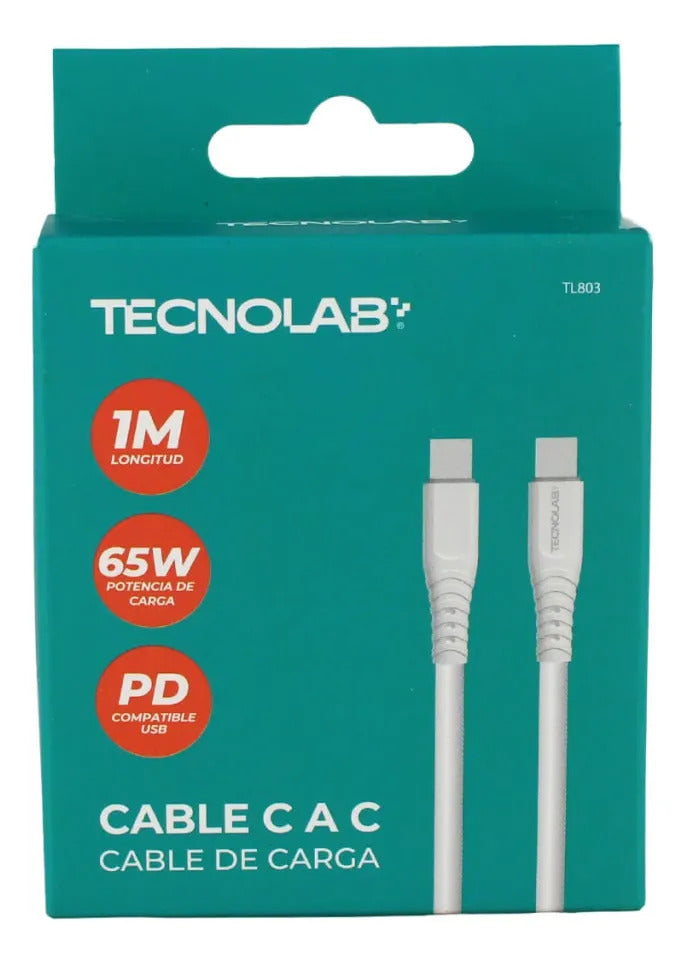 Cable USB Tipo C a C 65W Tecnolab, 1 Metro