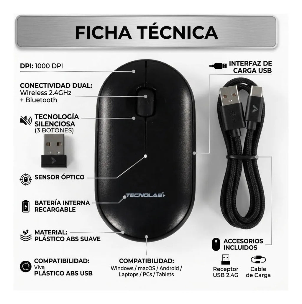 Mouse Silencioso Tecnolab Dual 2.4G y Bluetooth