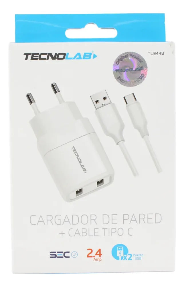 Cargador Doble USB 12W Tecnolab + Cable Tipo C