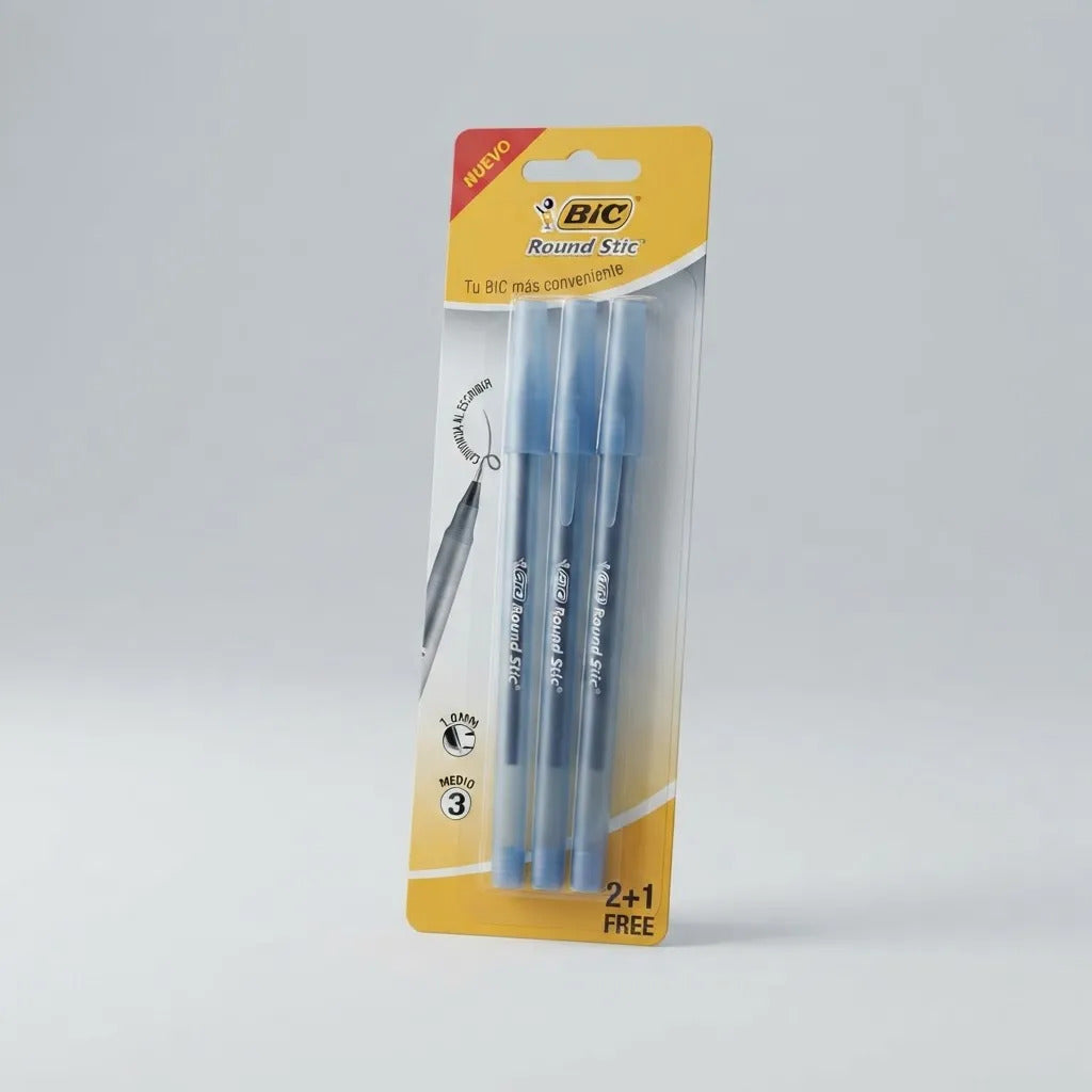 Set 3 Lápiz Pasta Bic Round Stic Punta Media 1.0mm Azul Negr