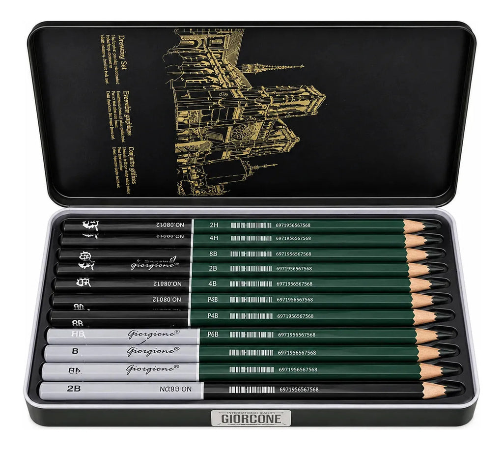 Set 12 Lápices Grafito Graduados Giorgione Caja Metal