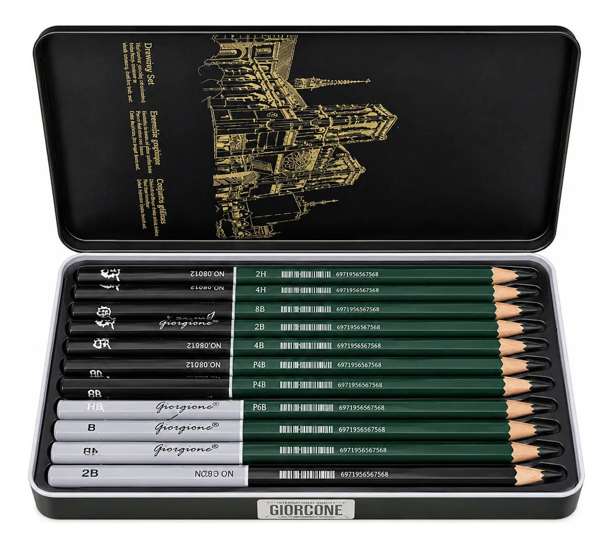 Set 12 Lápices Grafito Graduados Giorgione Caja Metal